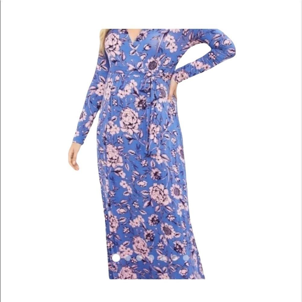 MOTHERHOOD MATERNITY M light blue pink floral wrap v neck maxi dress jersey knit